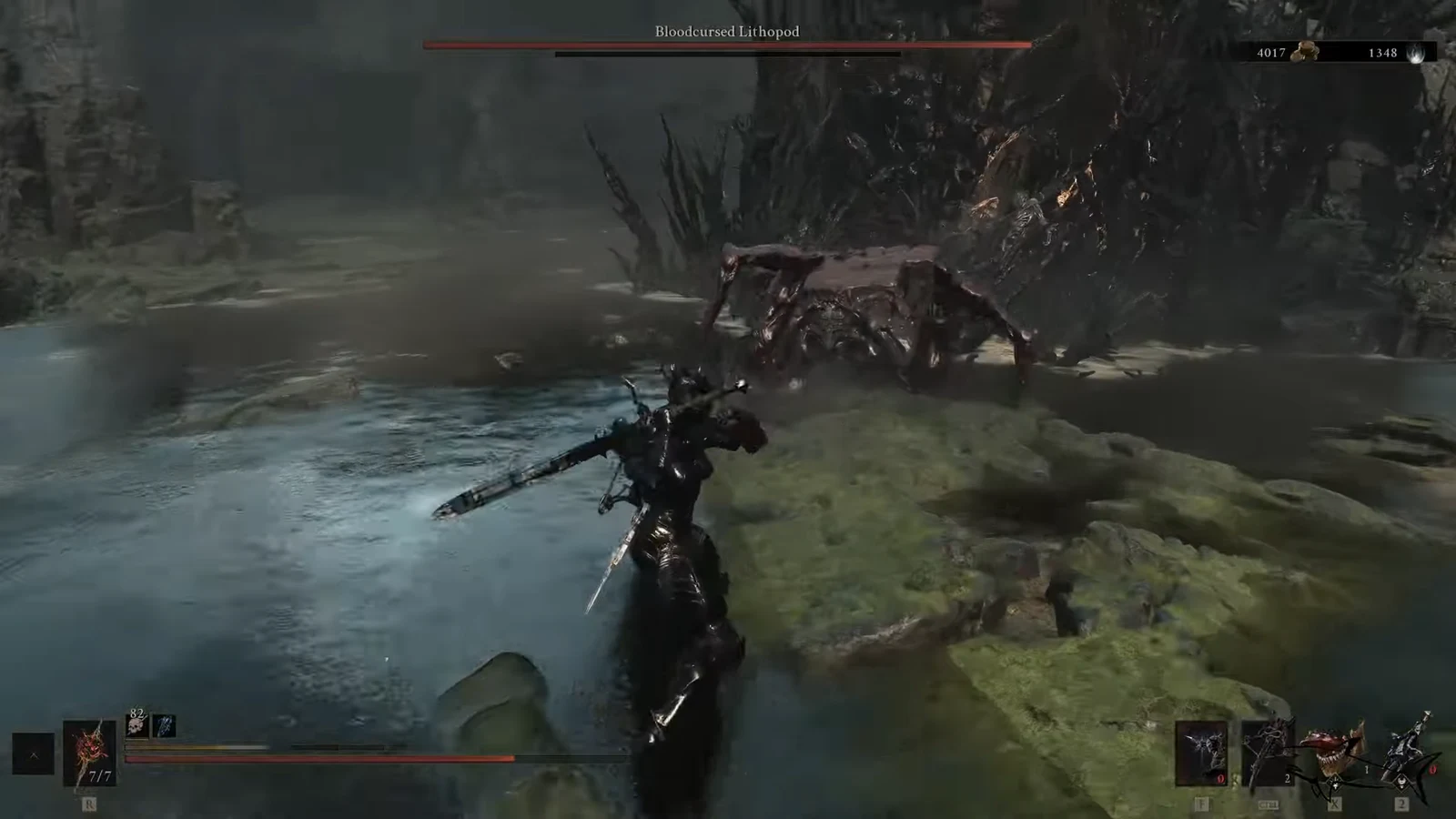 Player fighting the Bloodcursed Lithopod boss in a flooded arena with the boss health bar shown