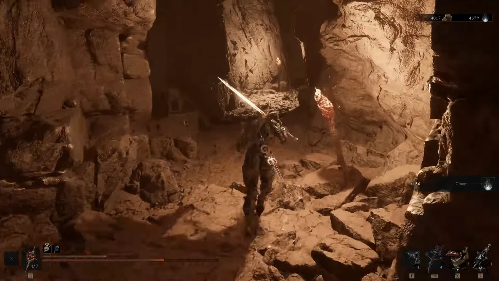 Harbinger swinging a sword at an armored enemy in a torchlit cave as the Gloom counter rises