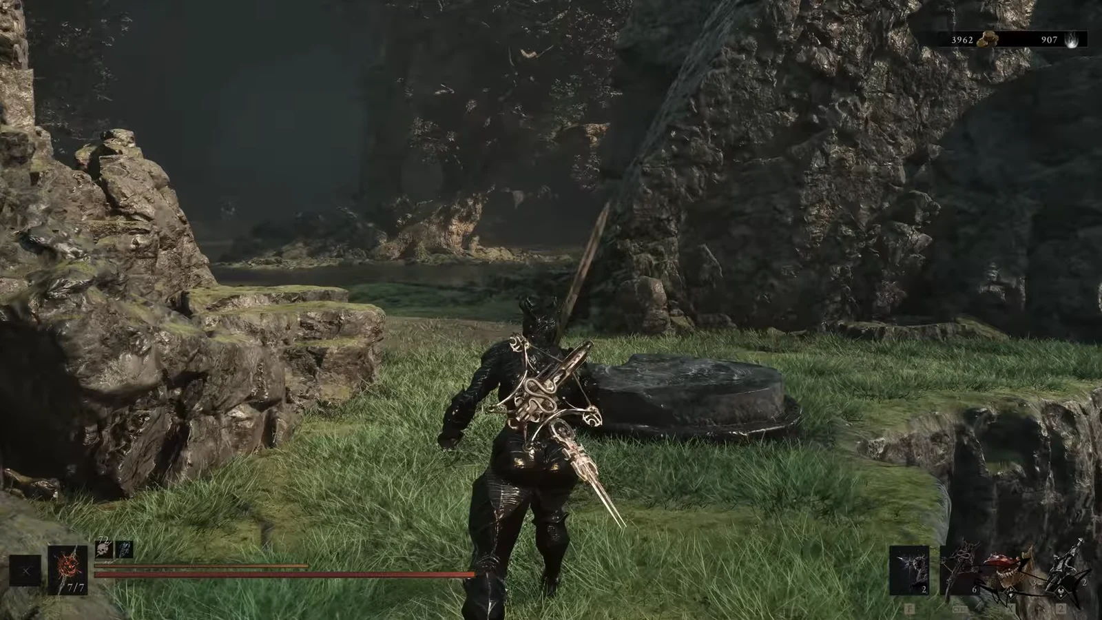 Harbinger explores a rocky, grassy cavern near the grove while holding a large sword