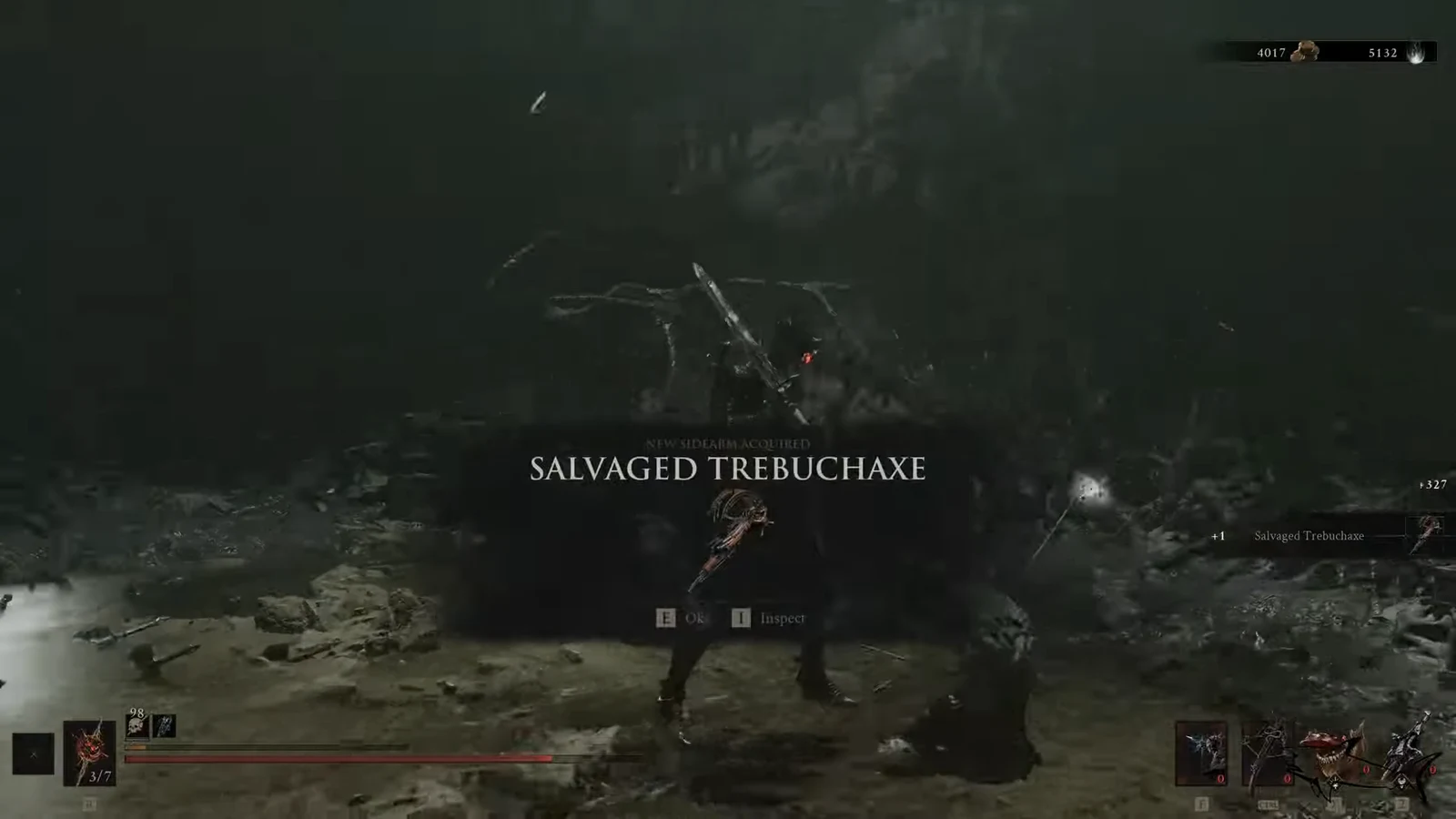 On-screen message reading New Sidearm Acquired Salvaged Trebuchaxe with confirm and inspect prompts