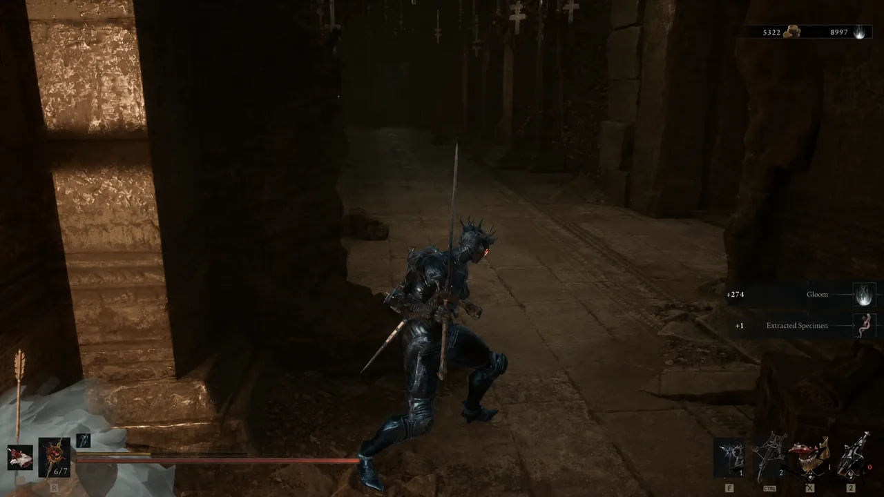 On-screen pickup notification appearing as the player retreats through the tomb toward the elevator.