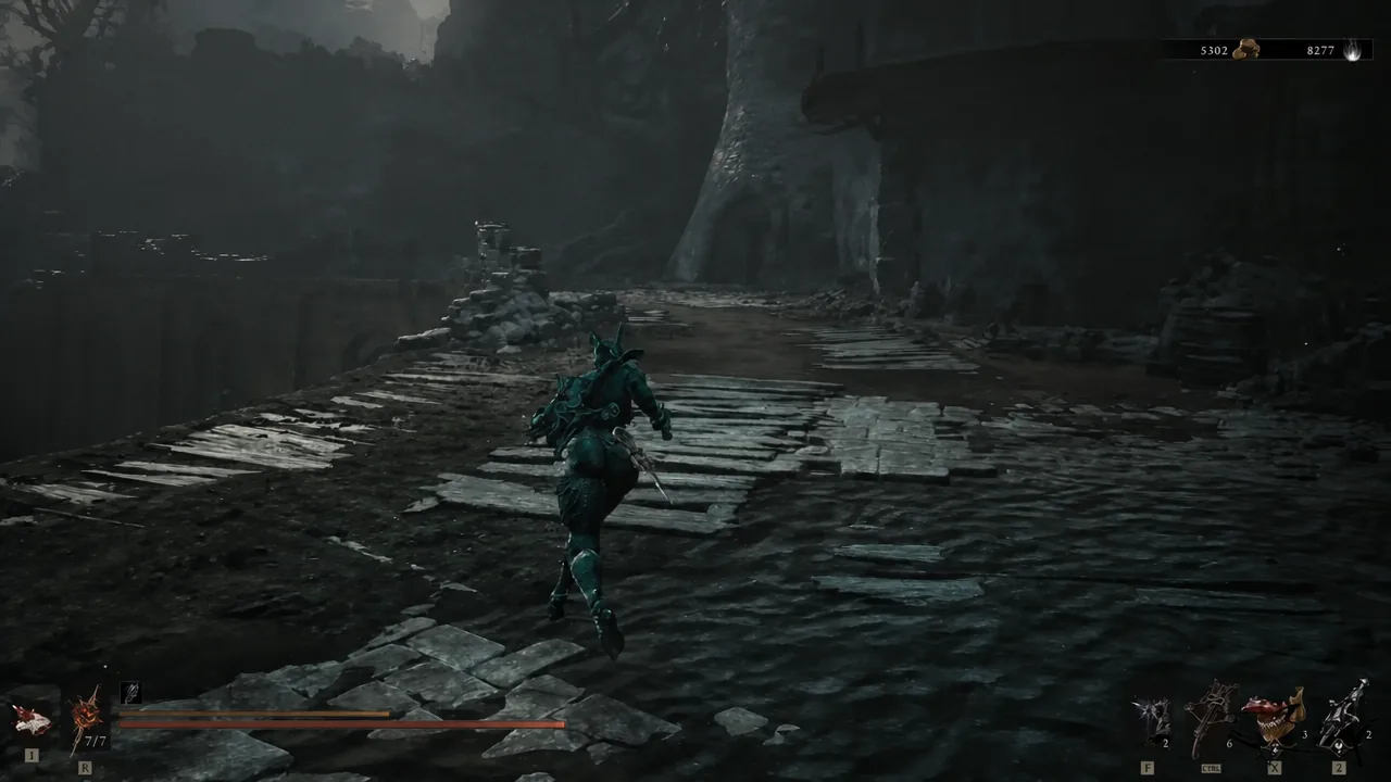 Player character running along a dark stone path toward the tower below the Nochtean Gate Beacon.