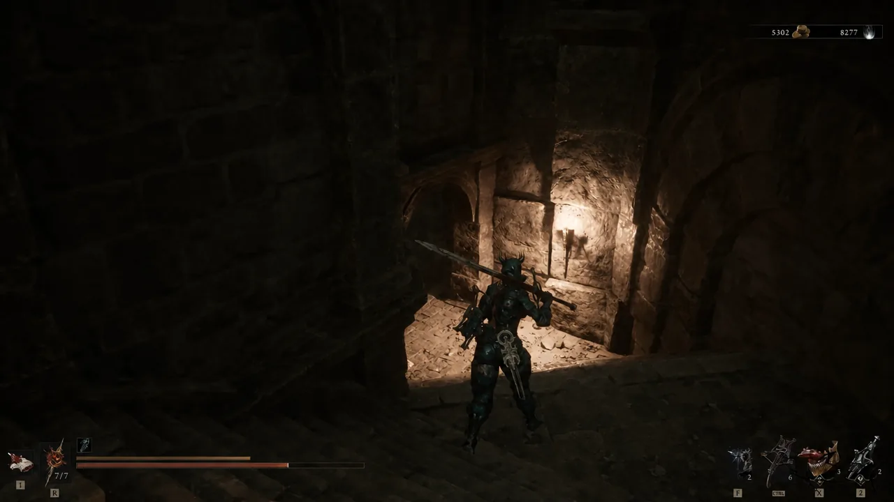 Armored Shell walking through a torch-lit passage inside the Ravaged Tomb with the combat HUD on screen.