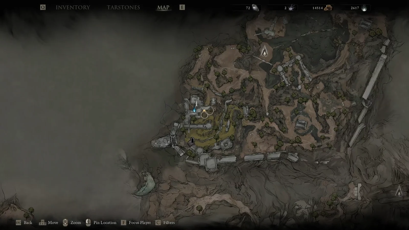 Open map with a player marker and blue waypoint on the revealed southern peninsula