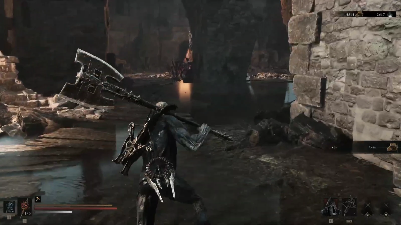 Armored warrior with a huge hammer in ruined stone as a coin pickup pops up
