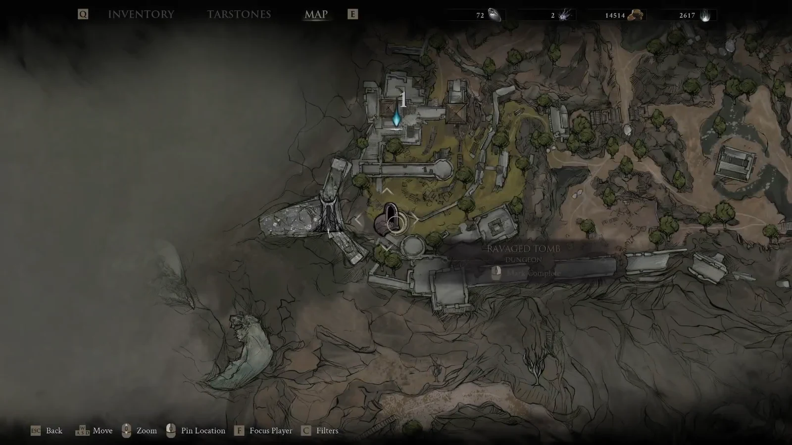 Map pin for Ravaged Tomb showing a Dungeon label and completion status
