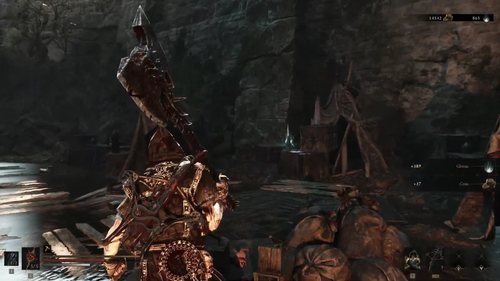 Armored warrior with a huge weapon as 389 Gloom and 37 Coin rewards appear