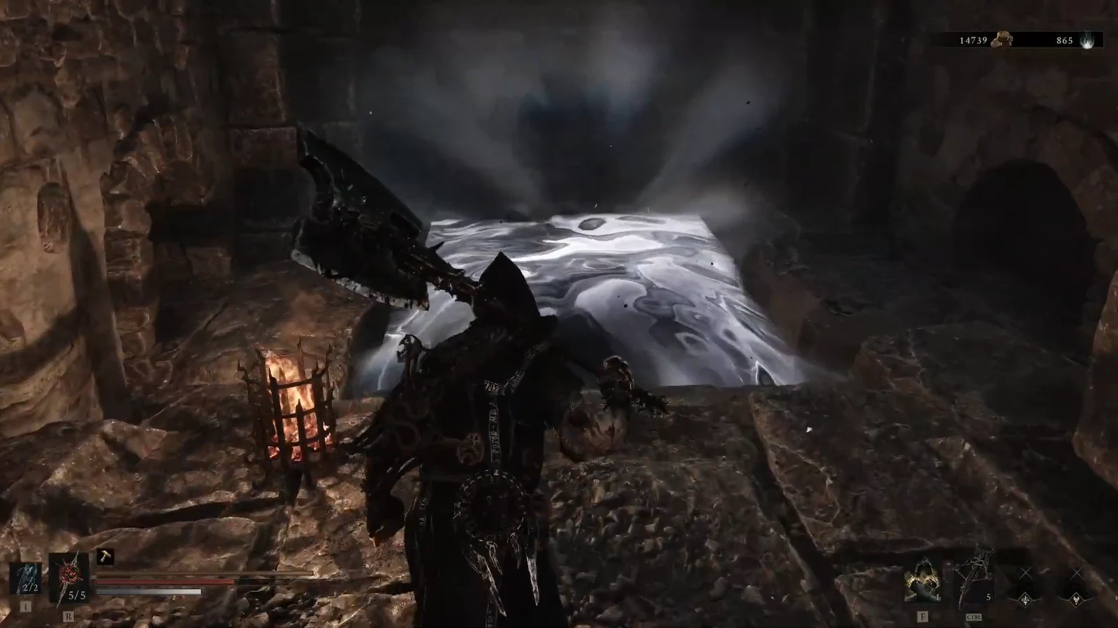 Armored figure walking toward a swirling white fog wall in a dark cavern