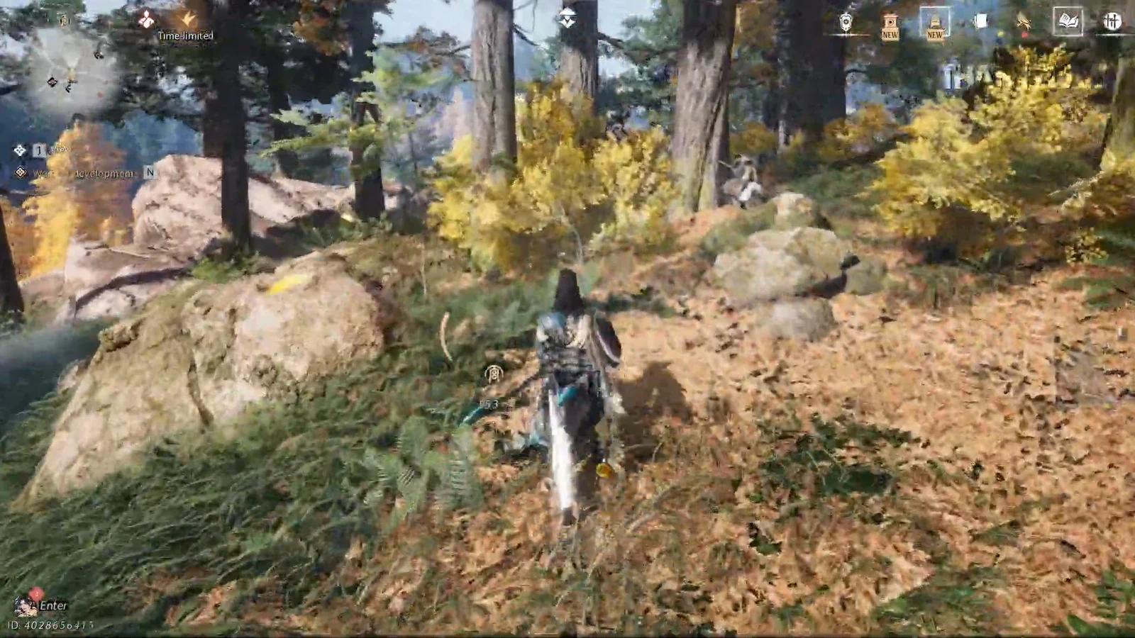 Player character running through a forest toward the cave with the quest objective on screen