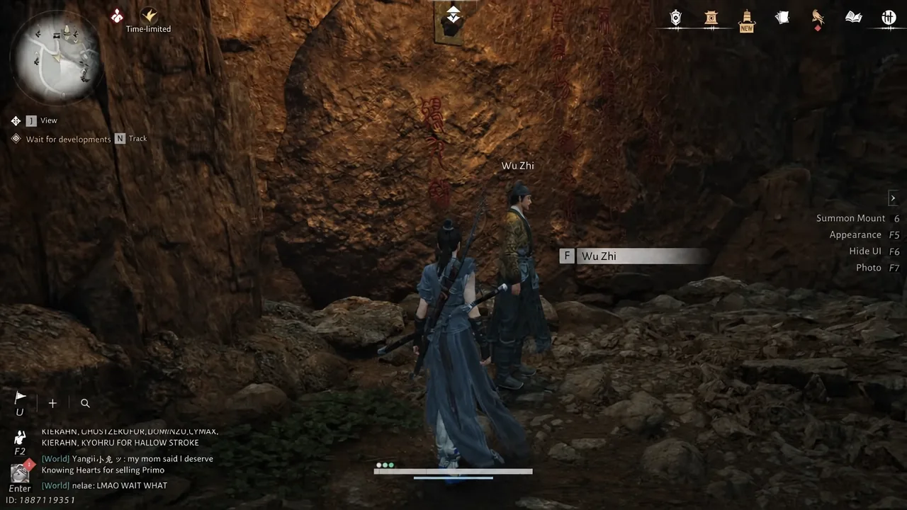 Interaction prompt to talk to Wu Zhi beside the sword lodged in the cave floor
