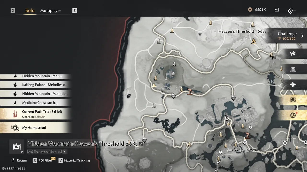 Hidden Mountain map open at Heaven's Threshold with the Mirkvale area in view