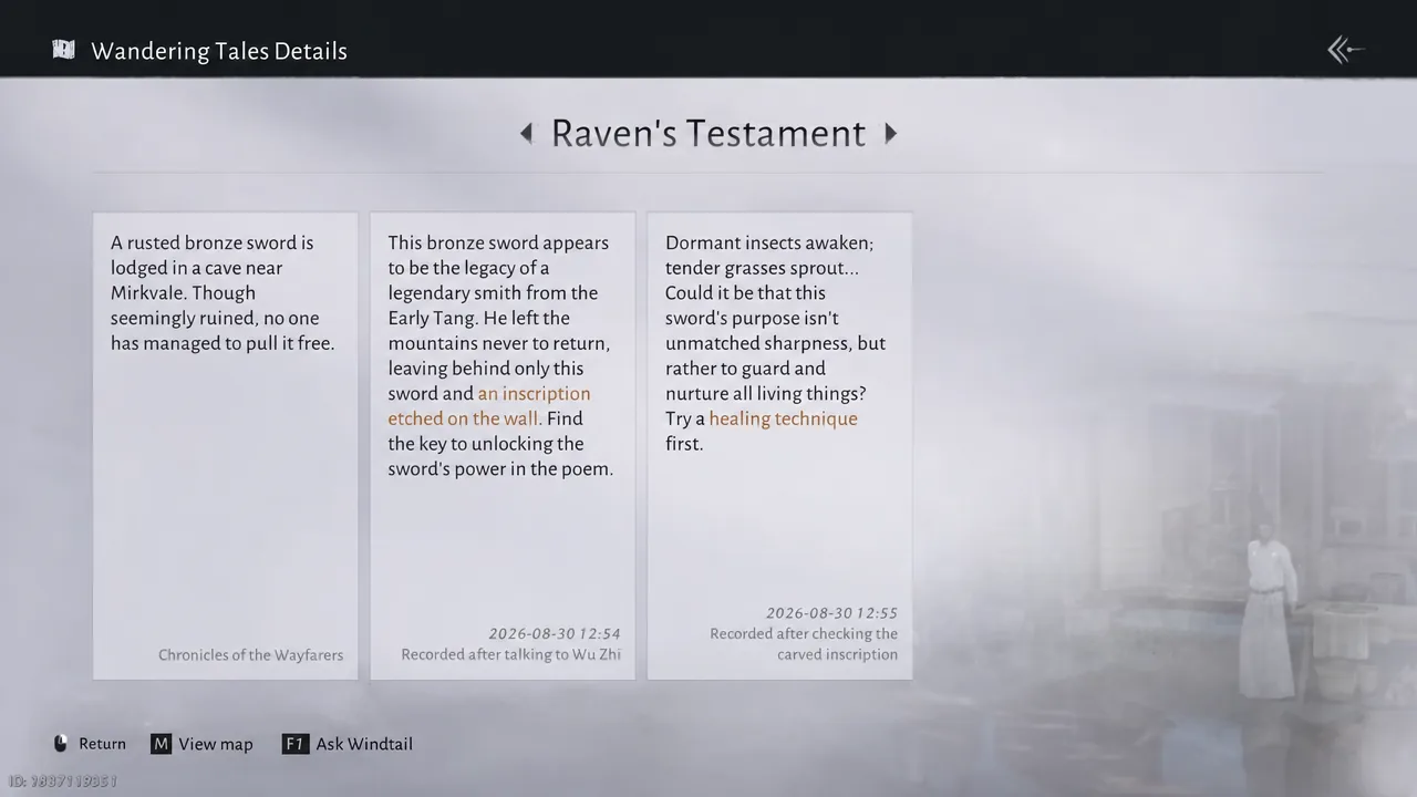Wandering Tales details screen showing the Raven's Testament clue about a healing technique
