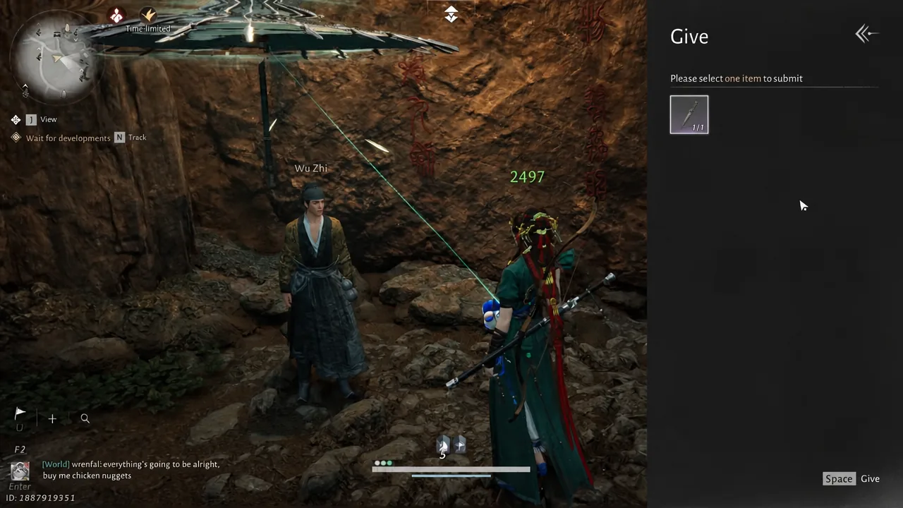 Give menu with one item slot highlighted before submitting the sword to Wu Zhi