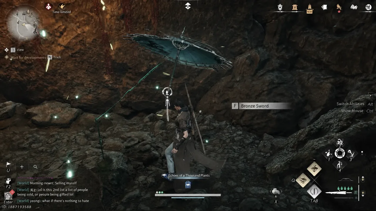Healing skill effect blooming around the bronze sword stuck in the cave floor