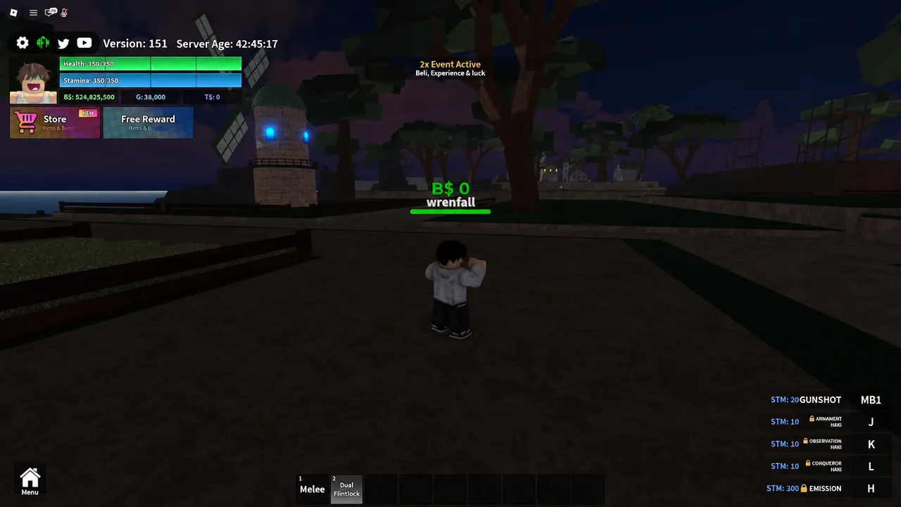Dual Flintlock selected in the bottom hotbar with the player character standing in the game world.