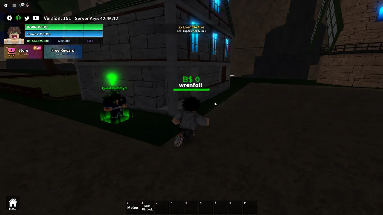 Player approaching the glowing Quest Dummy 1 NPC standing beside a building.