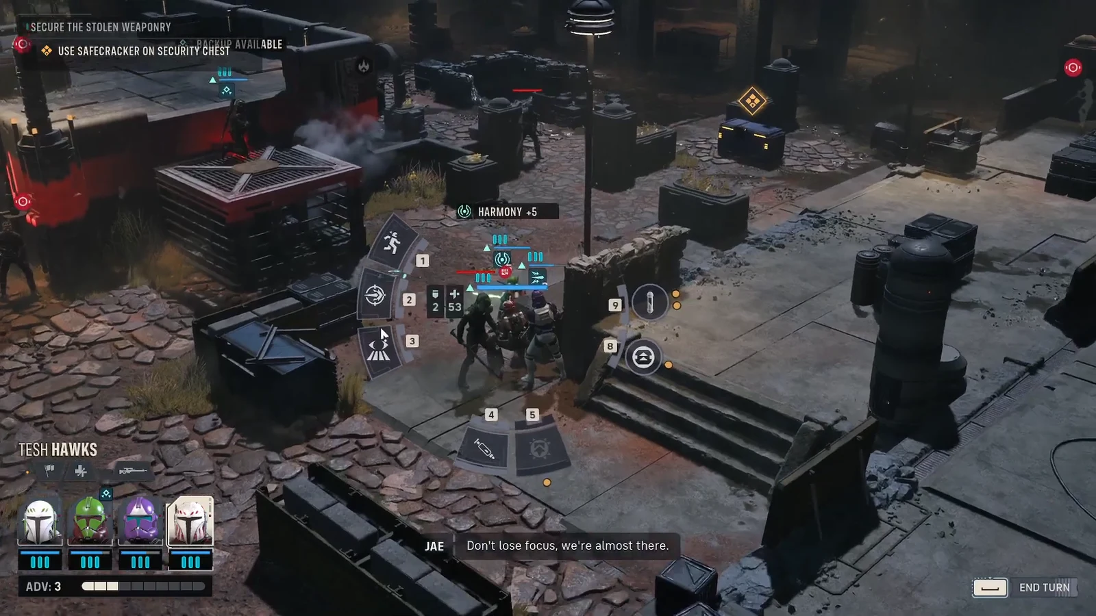 Security chest marked with a yellow objective icon as the squad moves in to use Safecracker