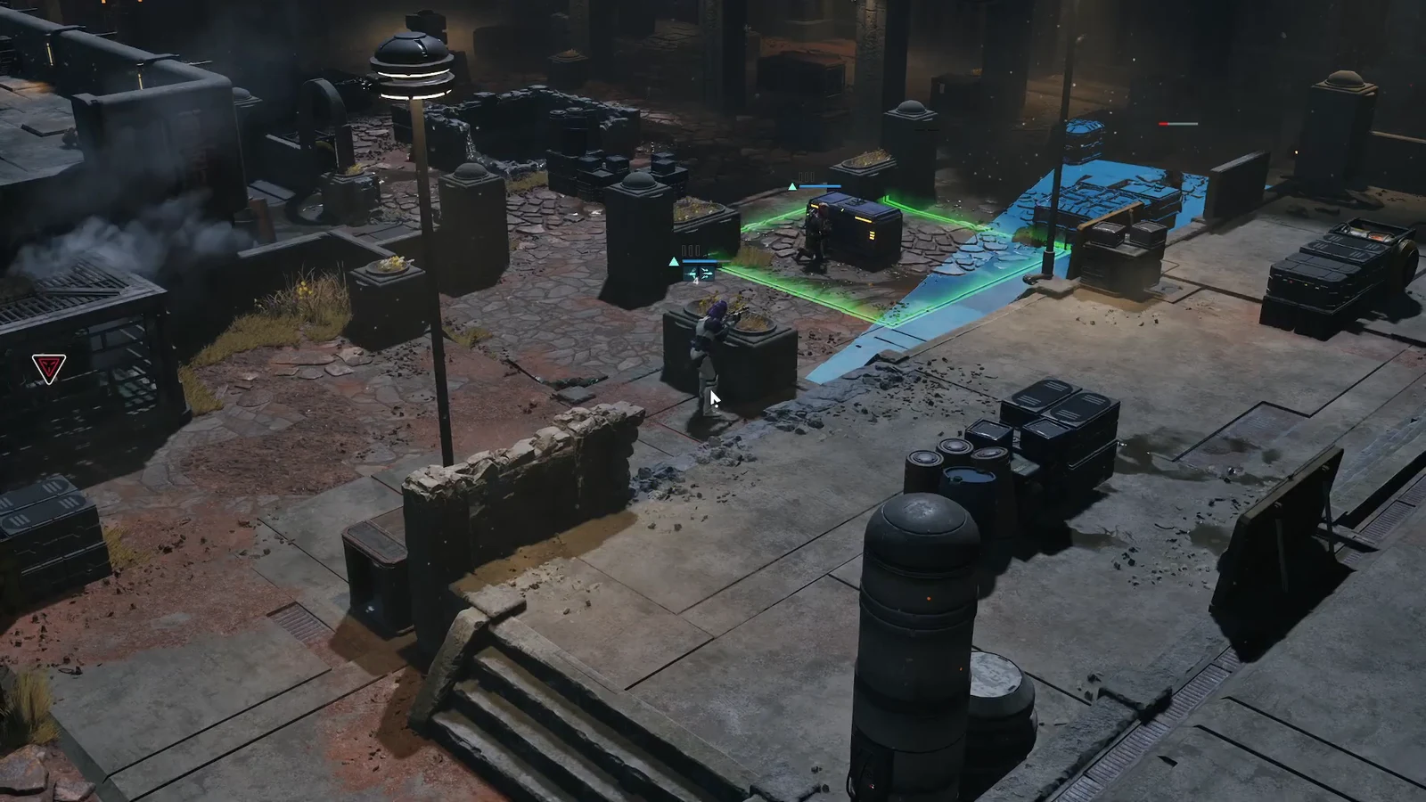 Operator in cover aiming at an enemy inside a highlighted green movement area
