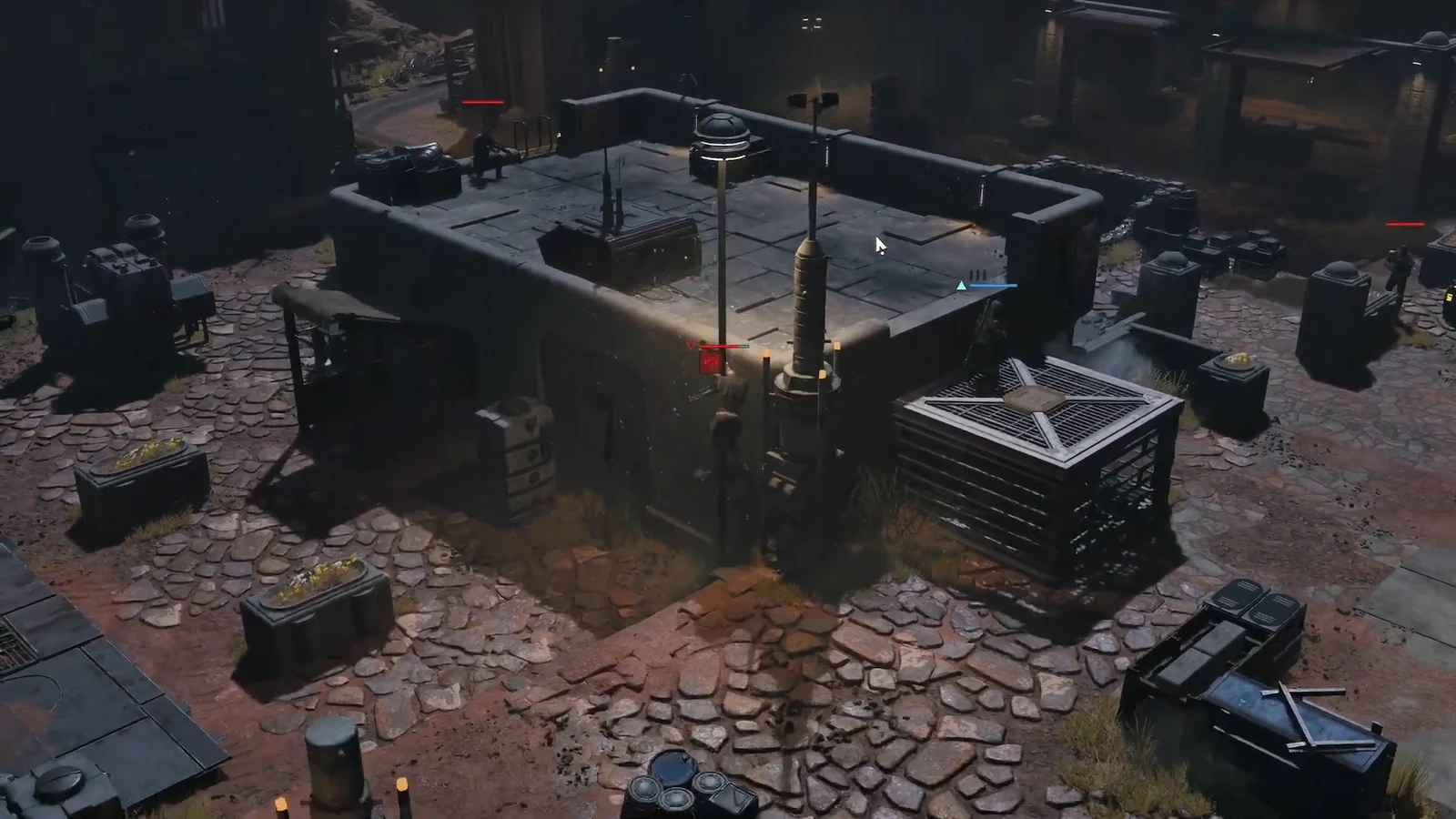 Isometric view of the Red Dust courtyard with red-marked outlaws surrounding the squad