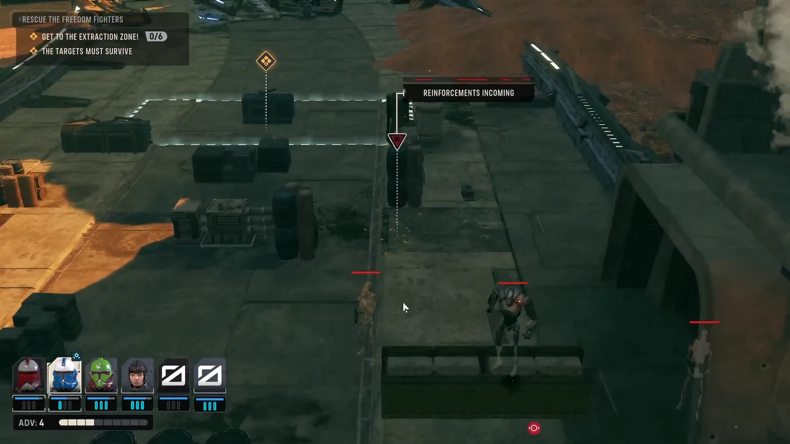 Extraction objective showing six units required while reinforcement droids advance