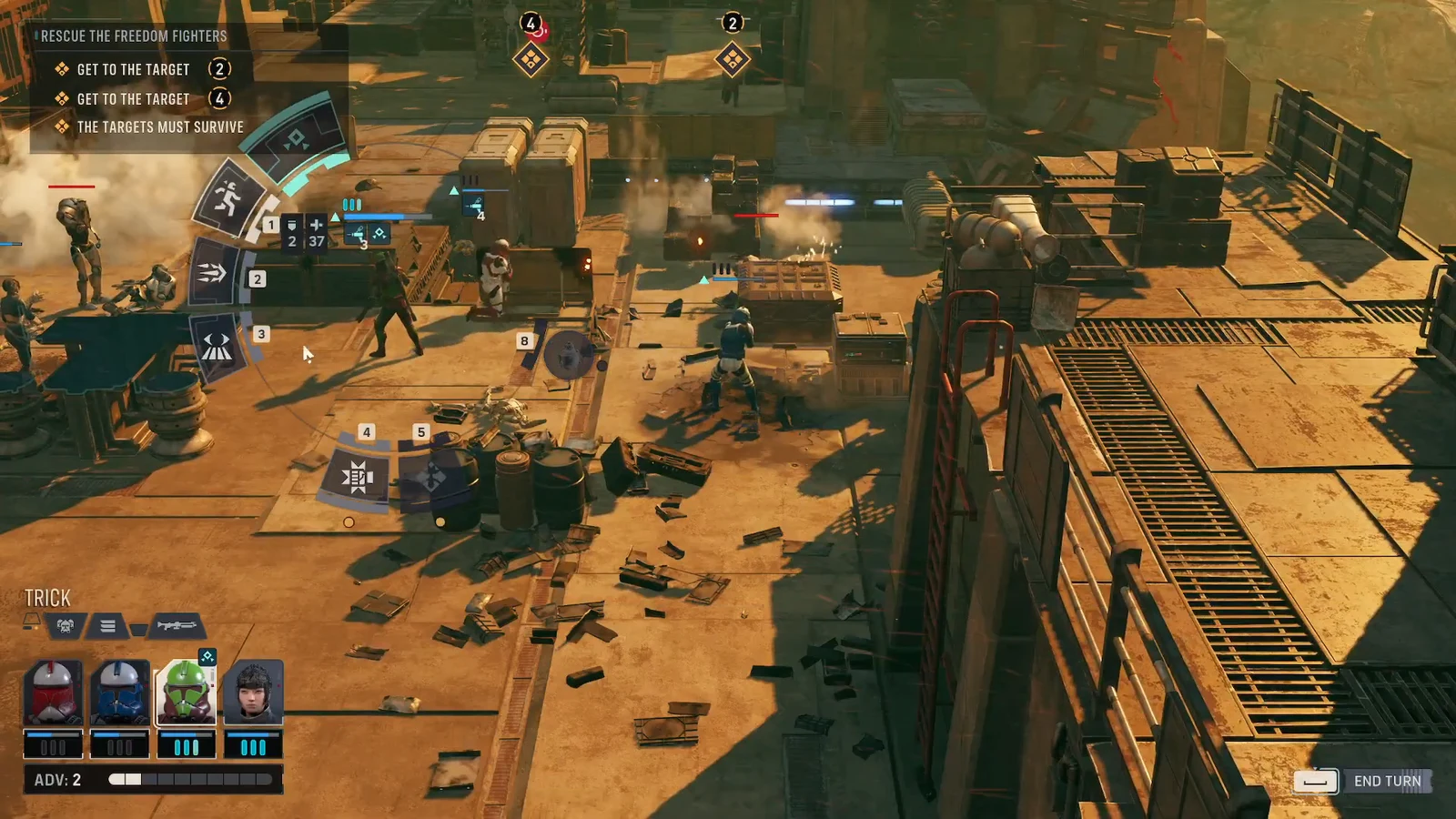 Tactical combat view mid-attack with active objectives listed and the End Turn prompt visible