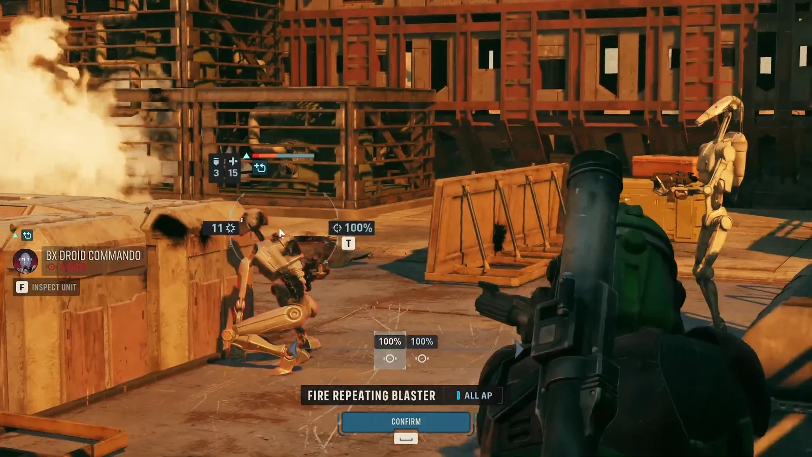 Fire Repeating Blaster targeting a BX Droid Commando with the confirm prompt on screen