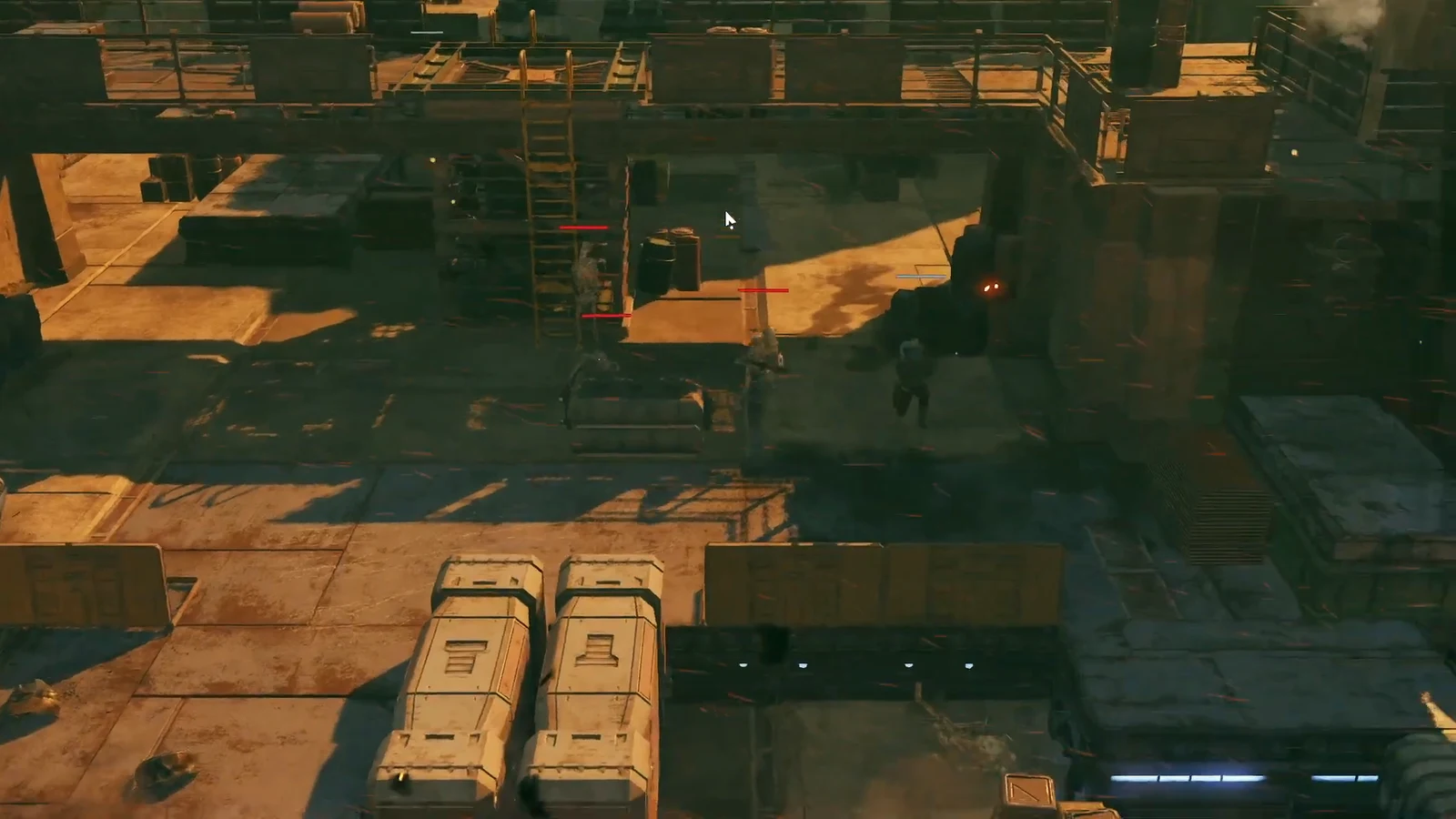 Top-down view of the squad trading fire with droids on an industrial rooftop