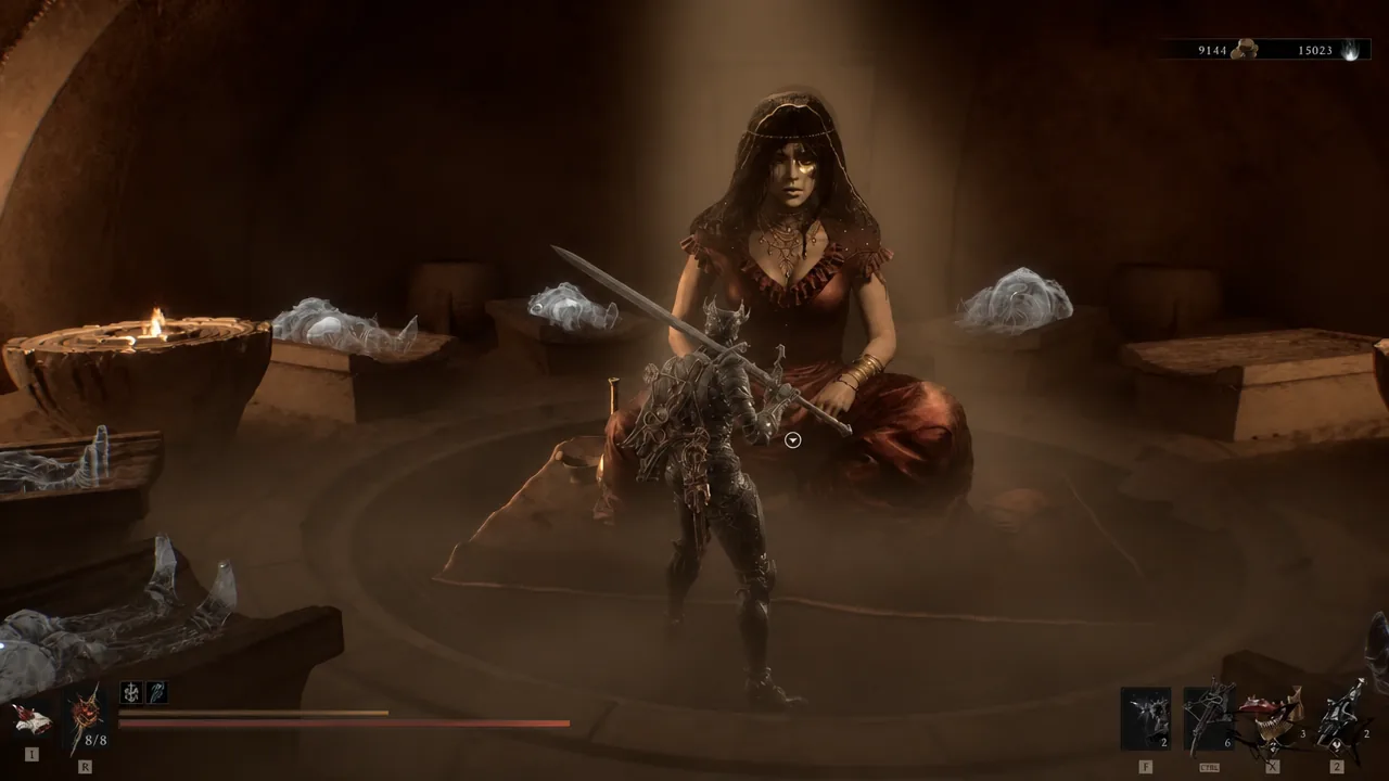 Standing in front of the seated Shell Keeper with the interaction prompt active