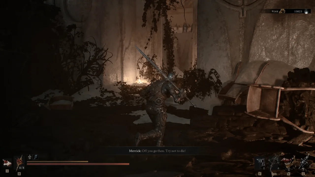 Armored shell swings a sword as Merrick's dialogue subtitle appears on screen