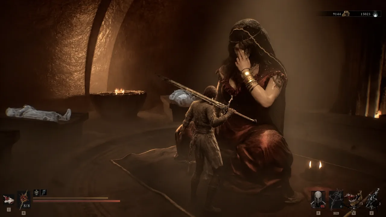 Sword drawn against a towering seated boss during a Mortal Shell 2 encounter