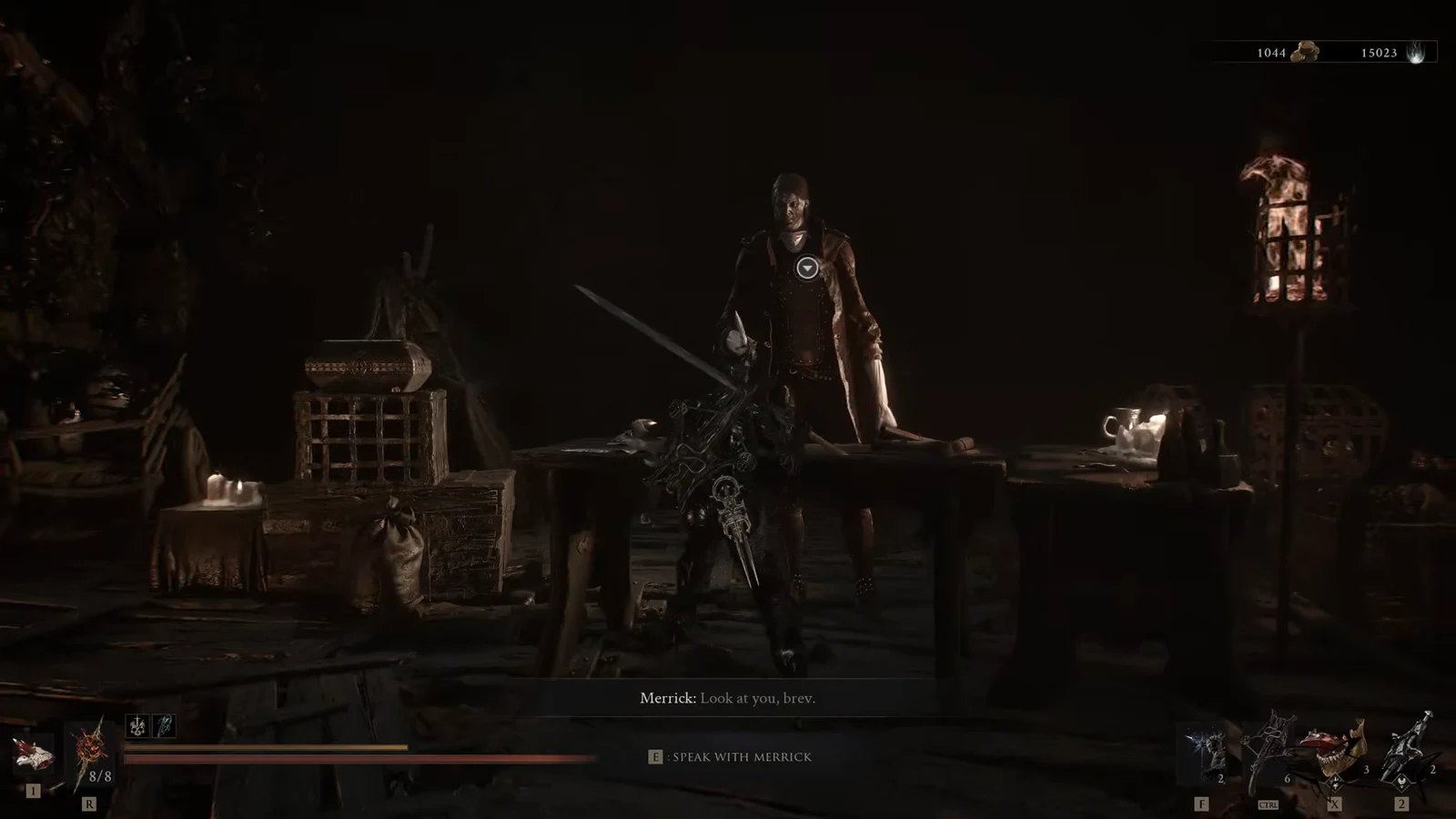 The prompt to speak with Merrick appears as the Harbinger approaches the merchant
