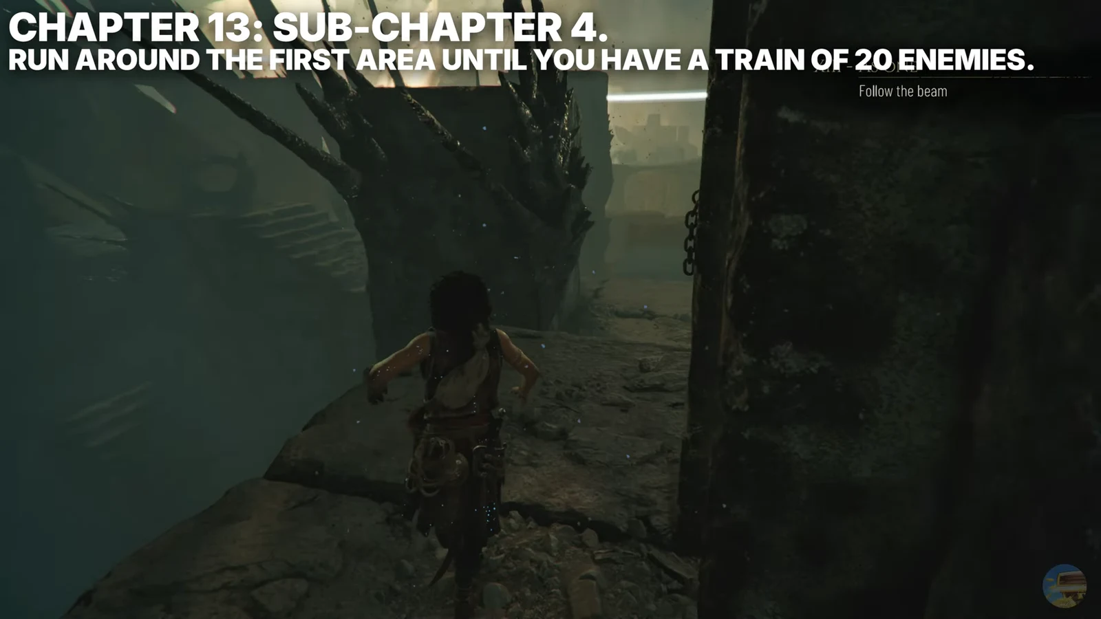 Sophia sprinting through the foggy ruins as Petrified enemies begin to follow her