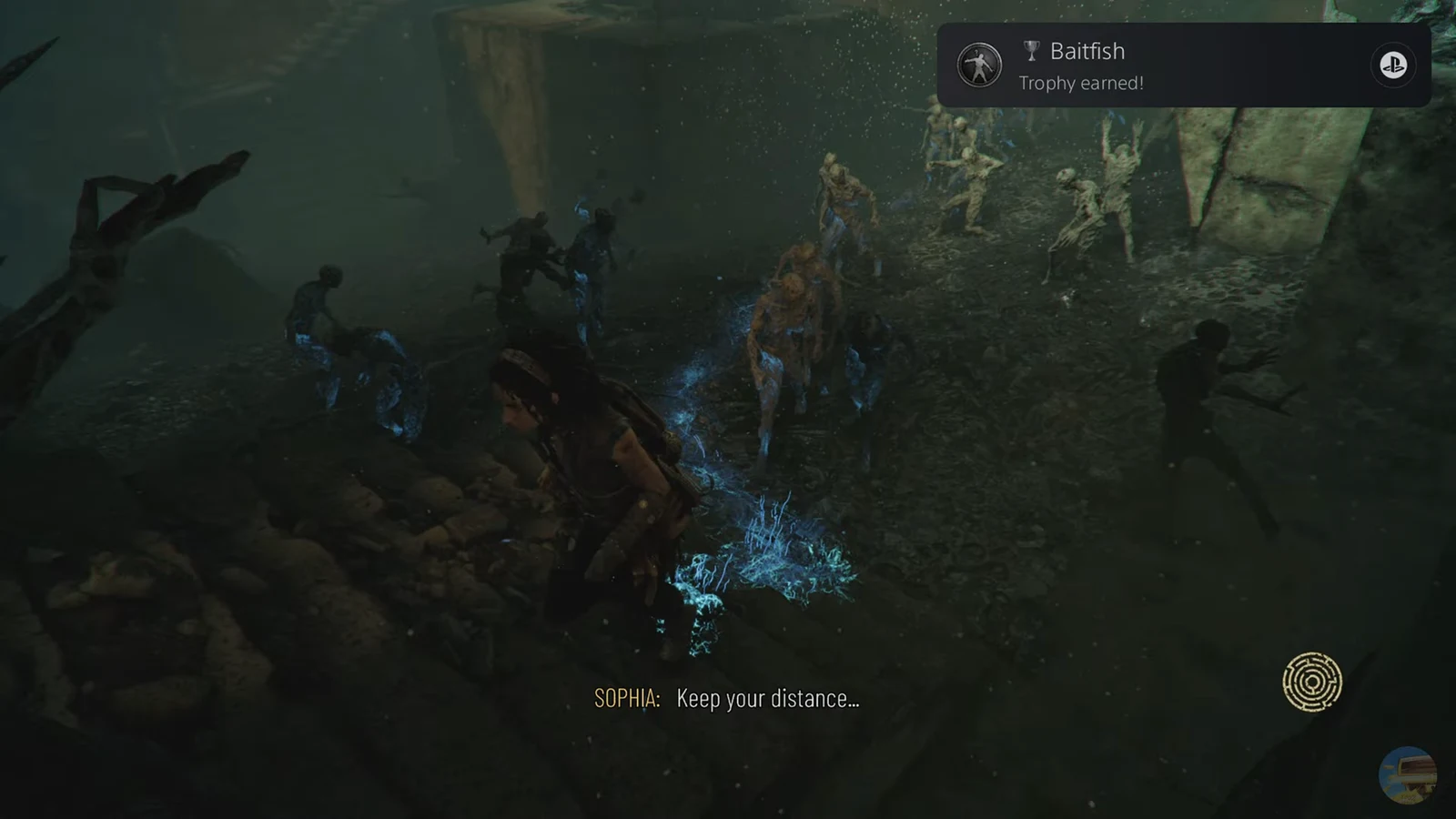 Baitfish trophy earned notification appearing during the chase in the ruins