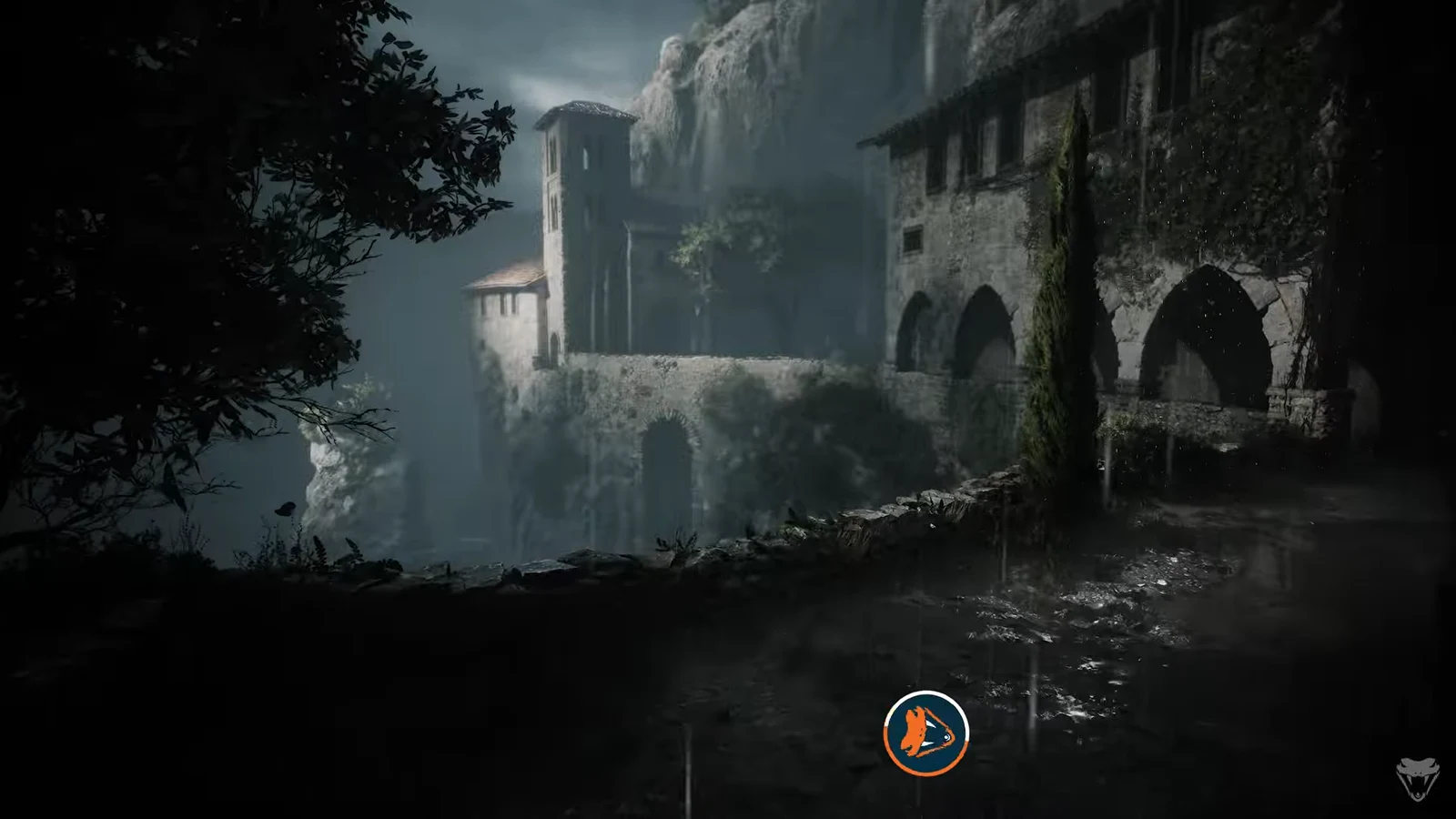 Misty ruined cliffside fortress with a circular orange game icon at the bottom center