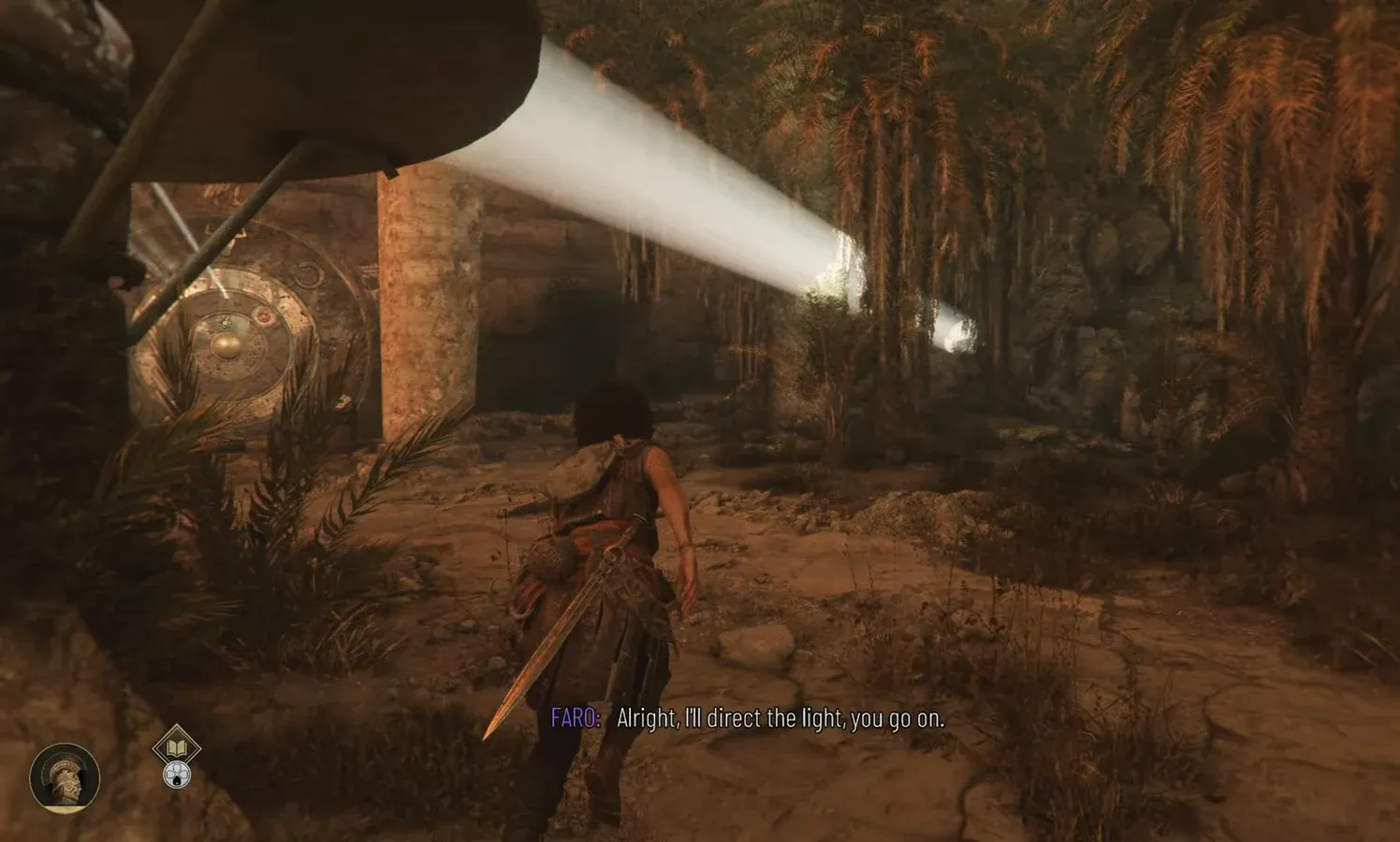 Sophia approaches the temple door mechanism while Faro directs a light beam through the ruins