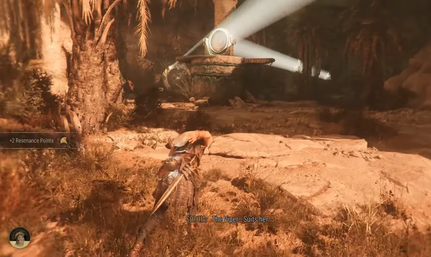 Sophia crosses rocky ground as a plus two Resonance Points notification appears