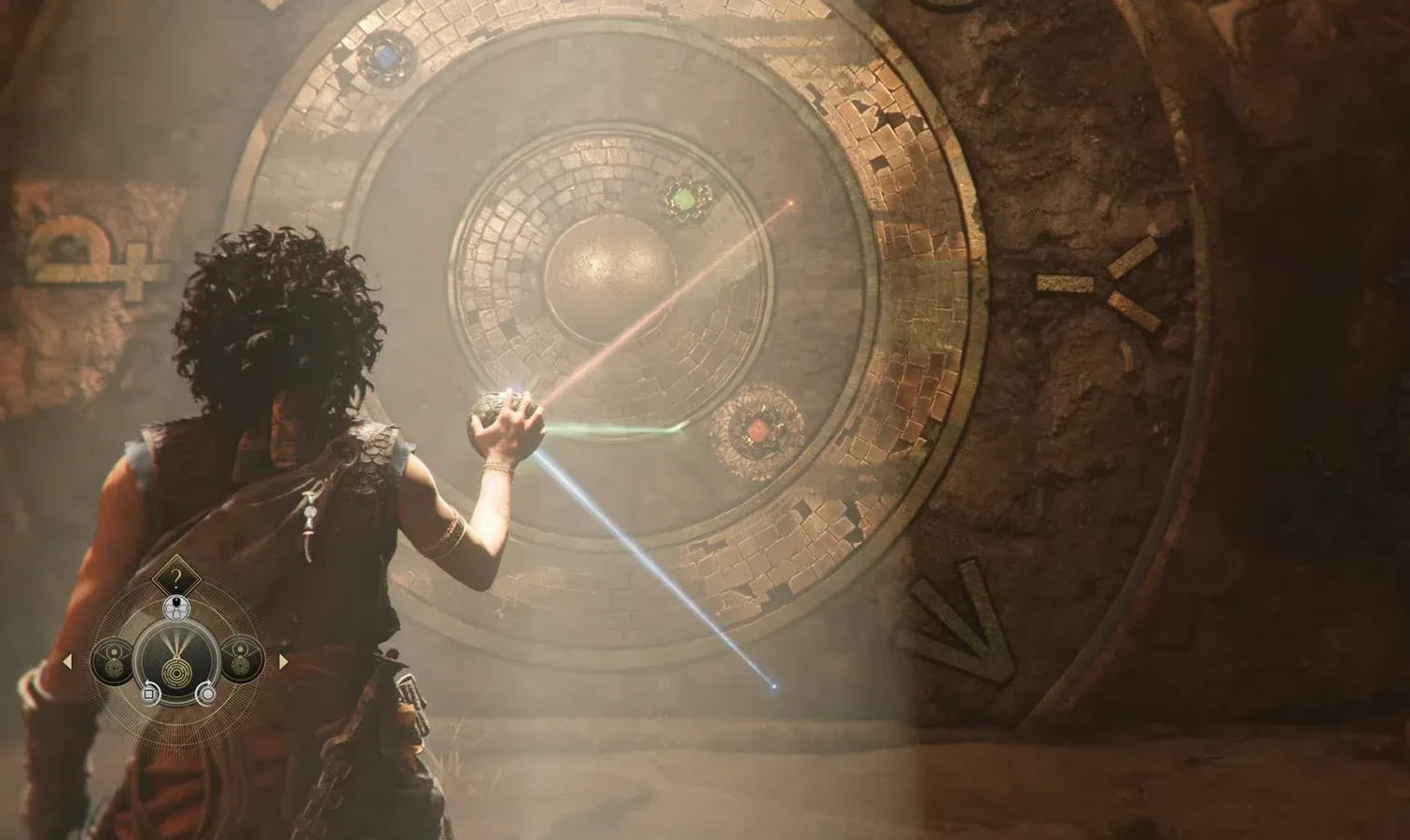 Sophia directs red, green, and blue beams from her hand toward three colored crystal nodes on the door