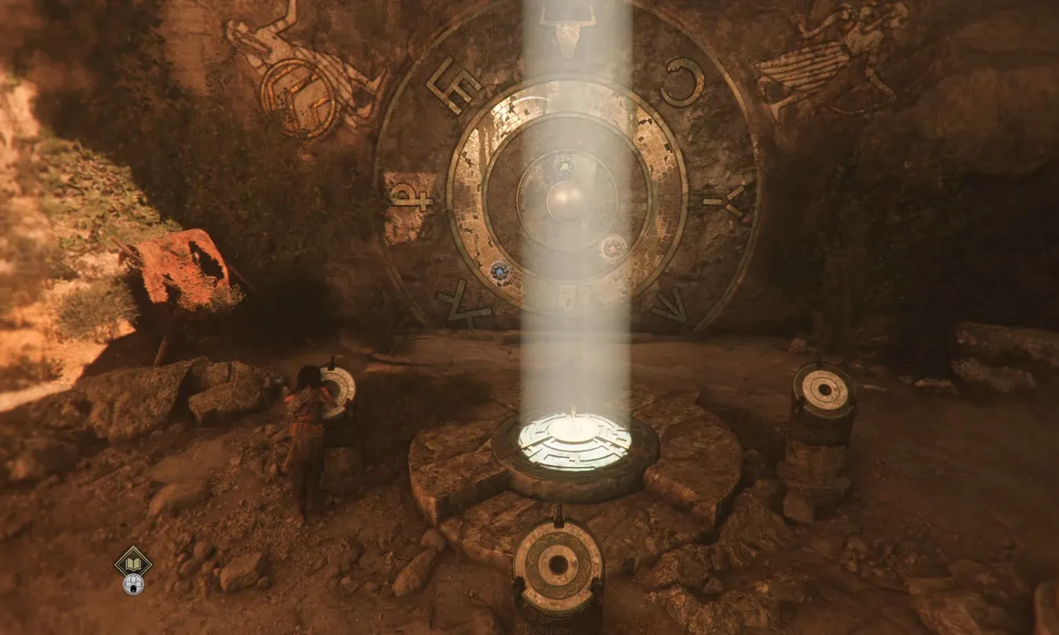 Sophia operates a circular pedestal mechanism beneath a large rune-covered wall dial