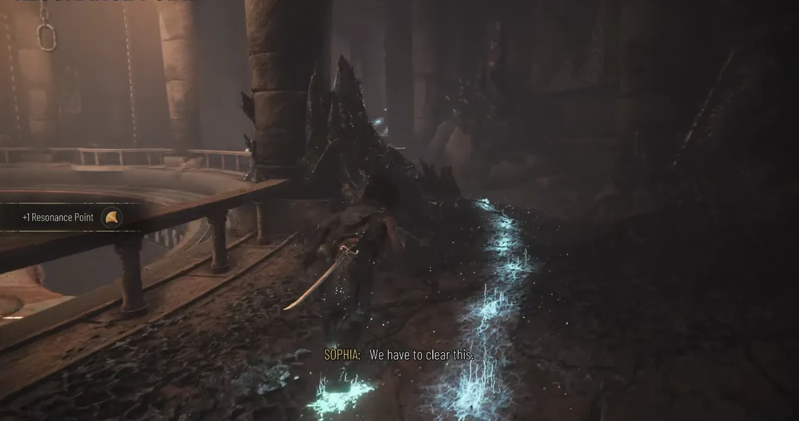 Resonance Point pickup notification appearing in the dark labyrinth cavern
