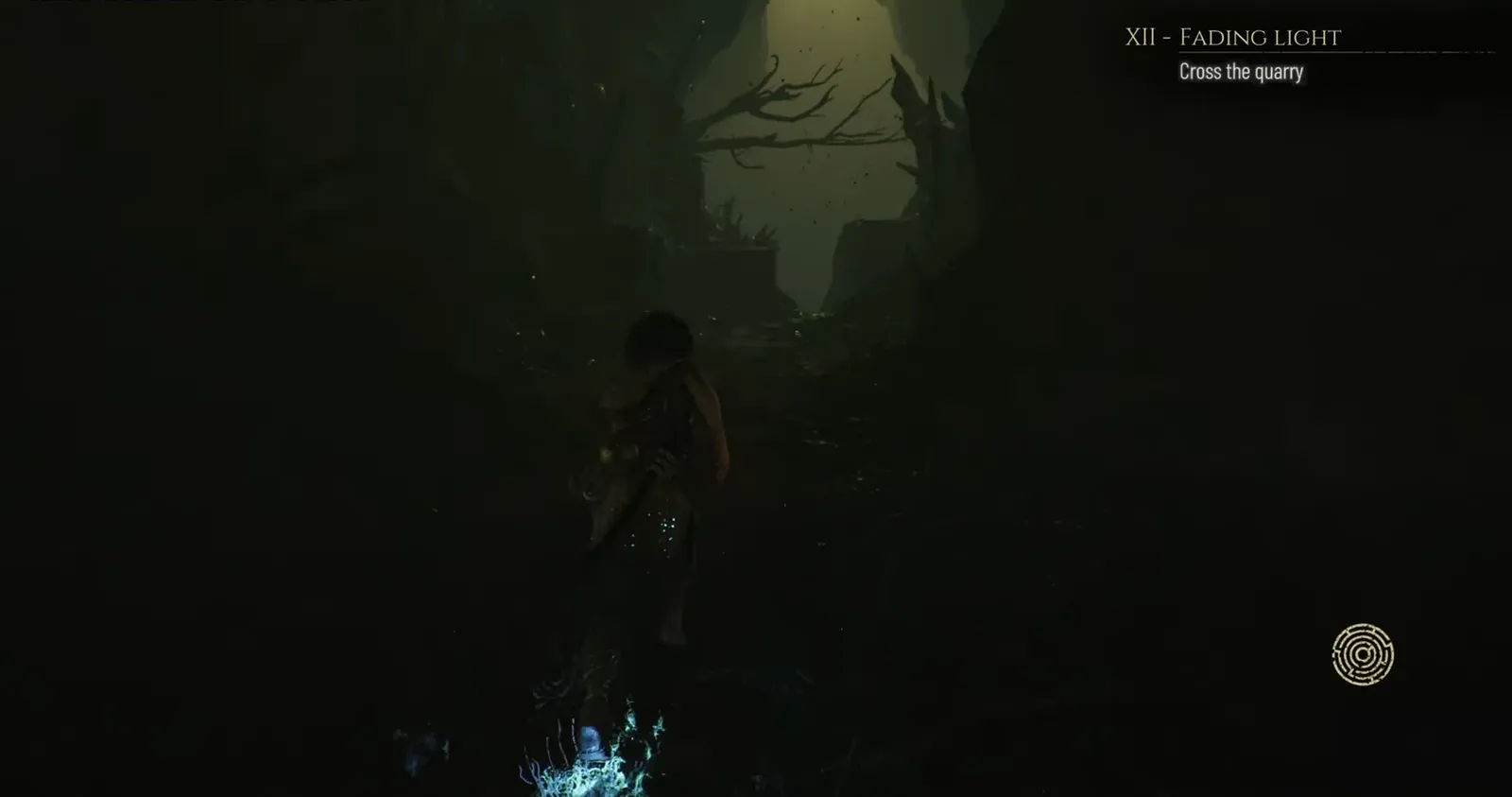 Sophia crossing a dark quarry ledge during the Cross the quarry objective