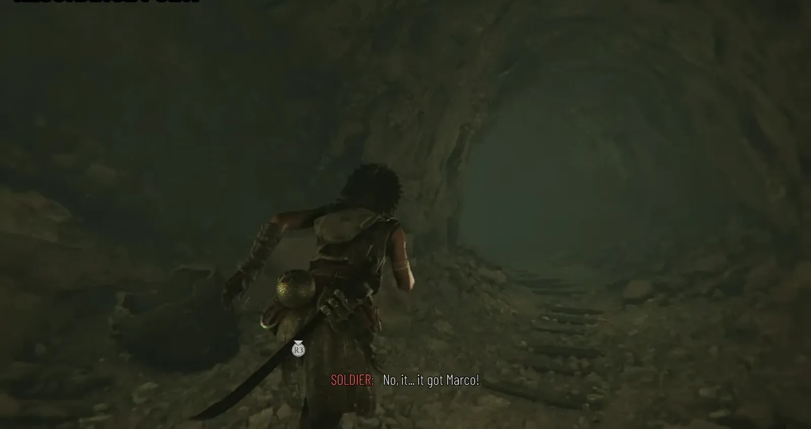 Dark cave with an on-screen Resonance Point label and an R3 prompt as Sophia advances