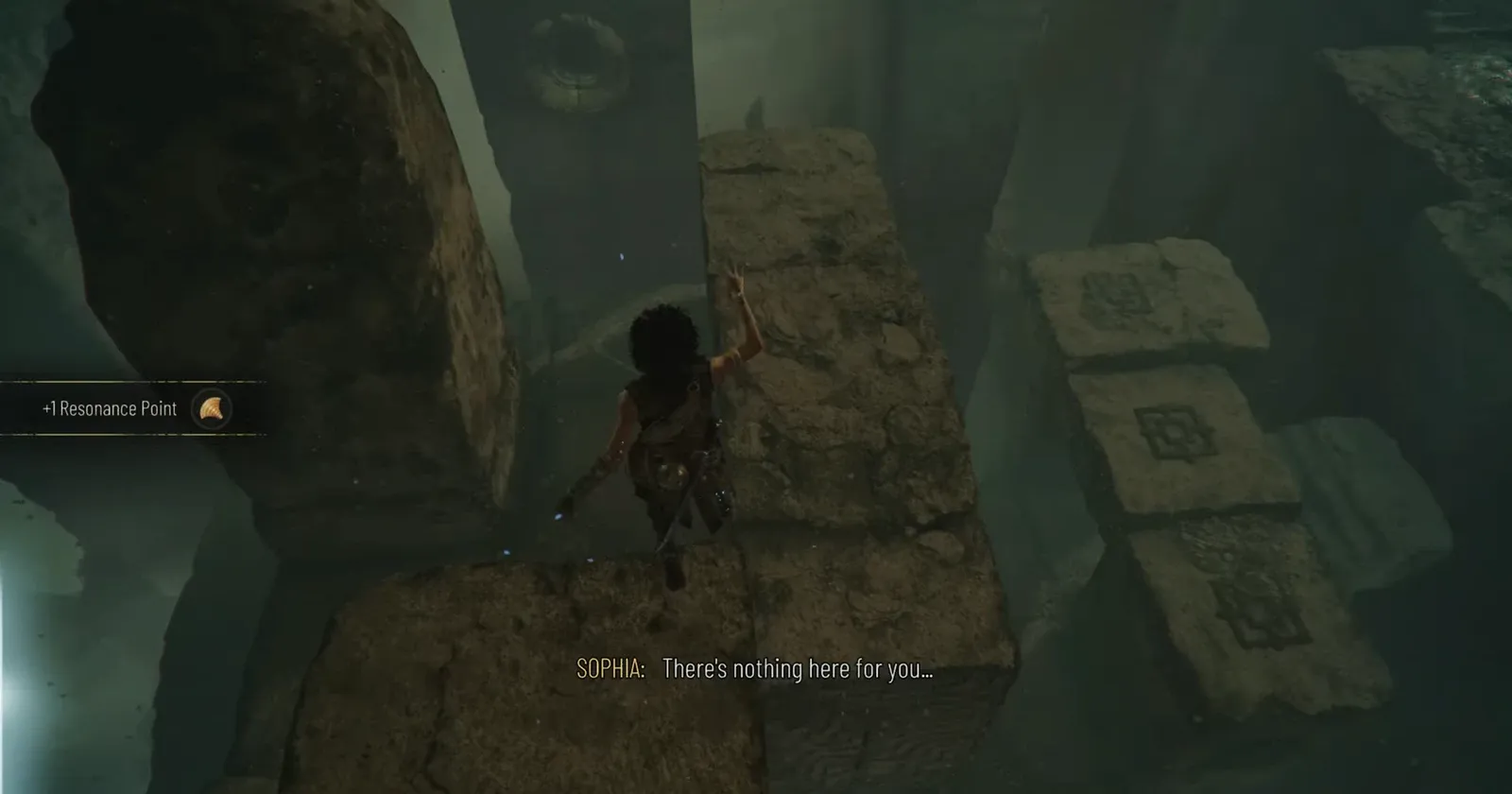 Sophia crossing a narrow stone platform over the chasm toward the Labyrinth Plan artefact