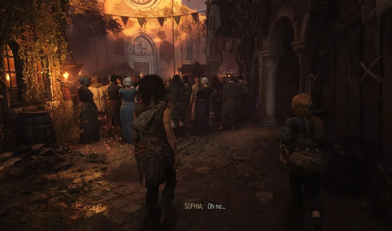 Sophia approaching a crowded torchlit courtyard as the subtitle Oh no appears on screen