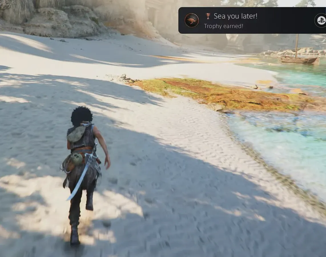 Beach shipwreck Resonance Point with the Sea you later trophy notification on screen