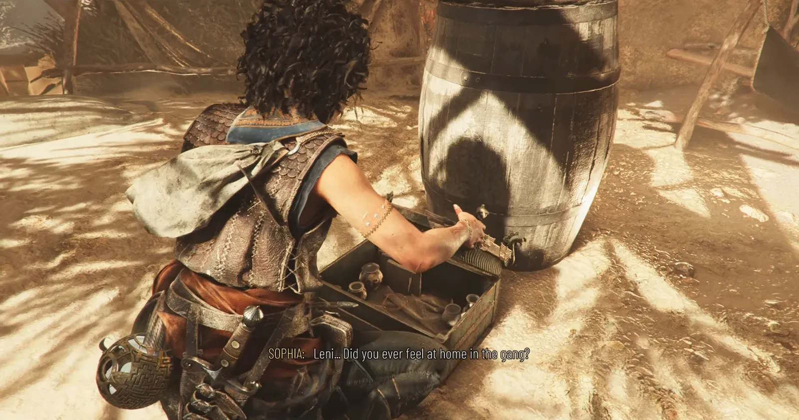 Sophia interacting with a large barrel to obtain Charm Arm Band #2
