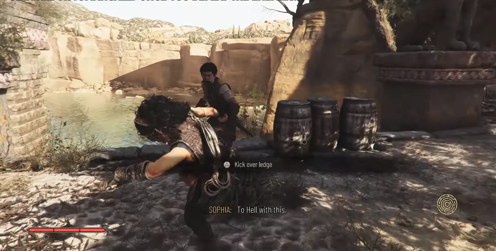 Kick over ledge prompt during the entrance fight