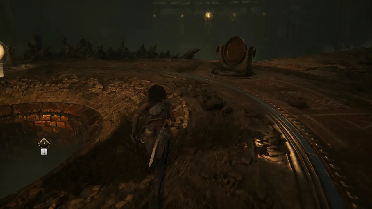 Sophia follows the lit beam across the arena floor toward the next mirror platform