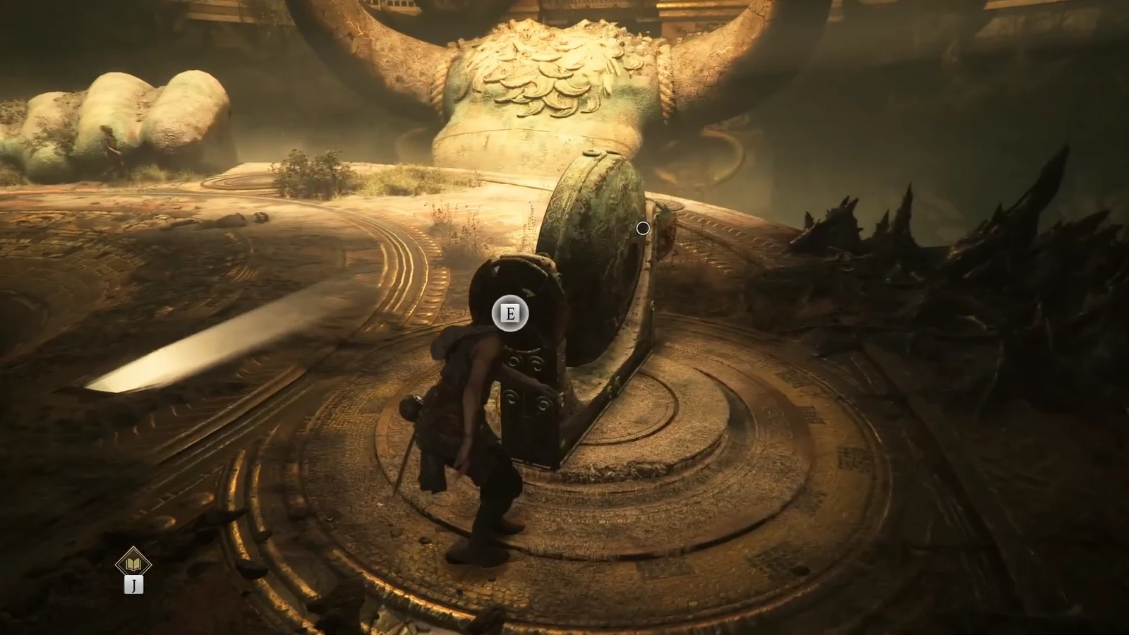 An interaction prompt appears at the right mirror mechanism inside the circular arena