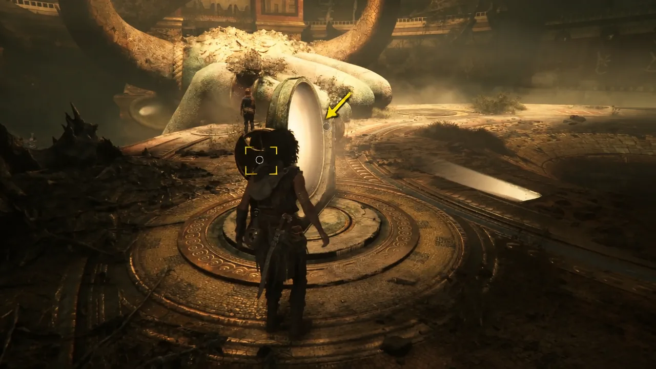 A yellow marker highlights the circular interaction point on the left mirror platform