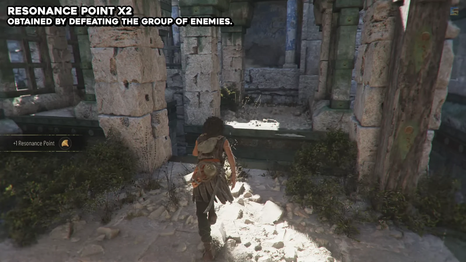 Resonance Point x2 reward shown on screen after clearing enemies in a ruined courtyard